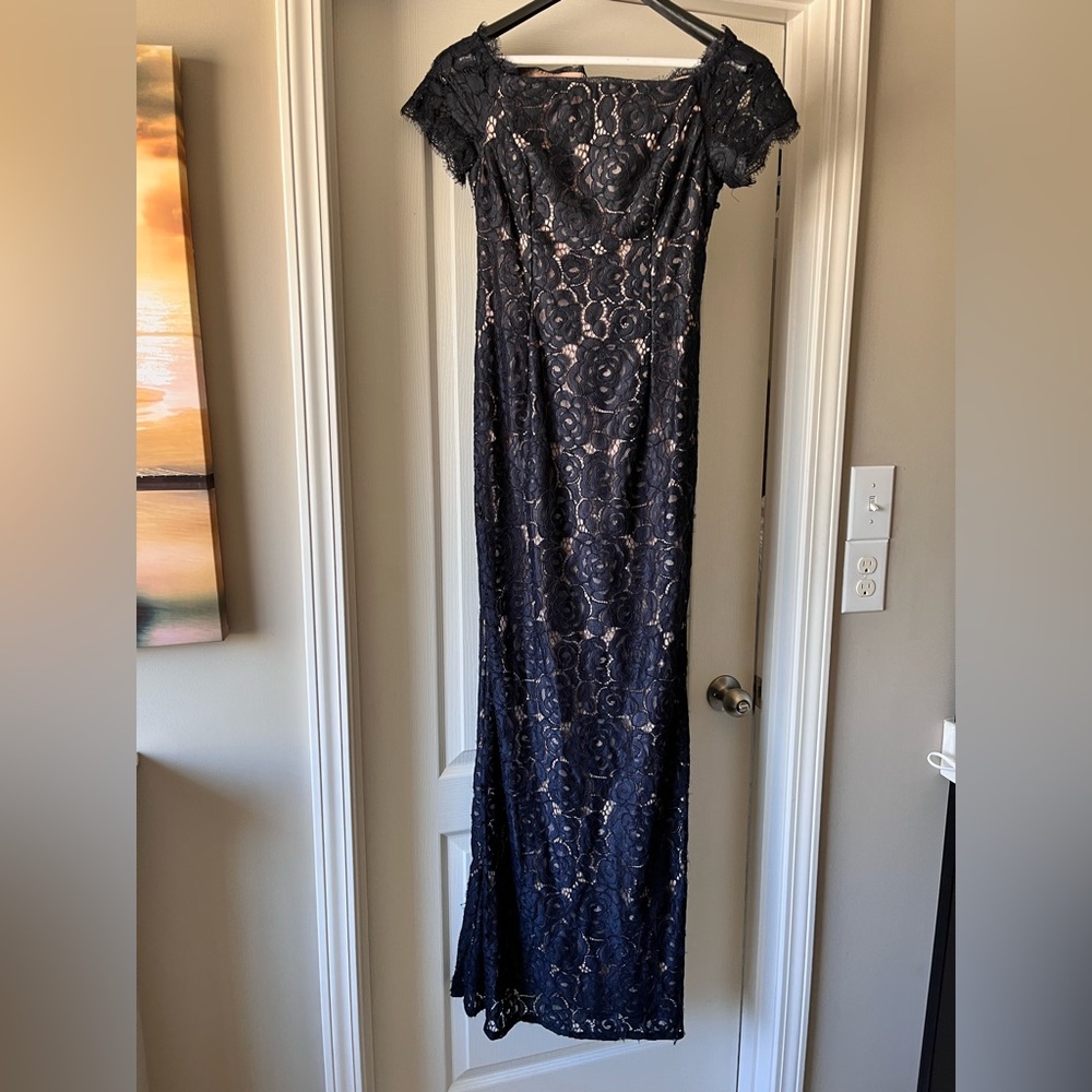 Adrianna Papell navy, long lace dress